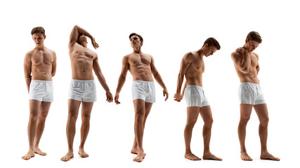 Obraz premium Collage of muscular male poses, each one highlighting different parts of body and reflecting fitness level. Body aesthetic. Concept of fashion and beauty, self-expression, fitness, wellness. Ad