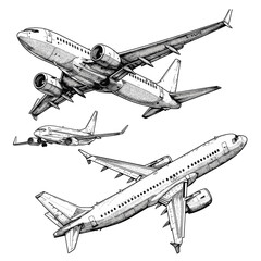 Set of Plane flies in sky clouds, vector sketch illustration. Air travel, tourism flight, plane tickets booking hand drawn isolated design elements