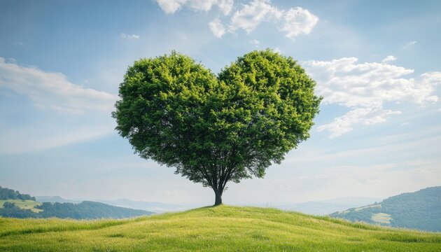 Heart-shaped tree symbolizes love for nature on a sunny day in the countryside - Powered by Adobe