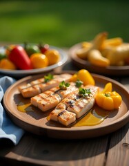 grilled fish pieces on a round plate, accompanied by a fresh garden salad dressed with vinaigrettebright afternoon light streaming 
