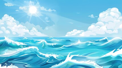 blue sky, bright sun and waves on the ocean, sea wallpaper, travel background