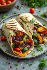 Grilled vegetable wraps on a plate with fresh herbs and cherry tomatoes