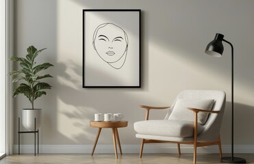 A cozy interior featuring a minimalist armchair, a stylish lamp, and a serene wall art piece