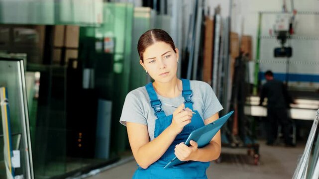 Young female technician in blue overalls carefully inspecting glass panels, focused on quality check, and writing notes on clipboard against blurred workshop background