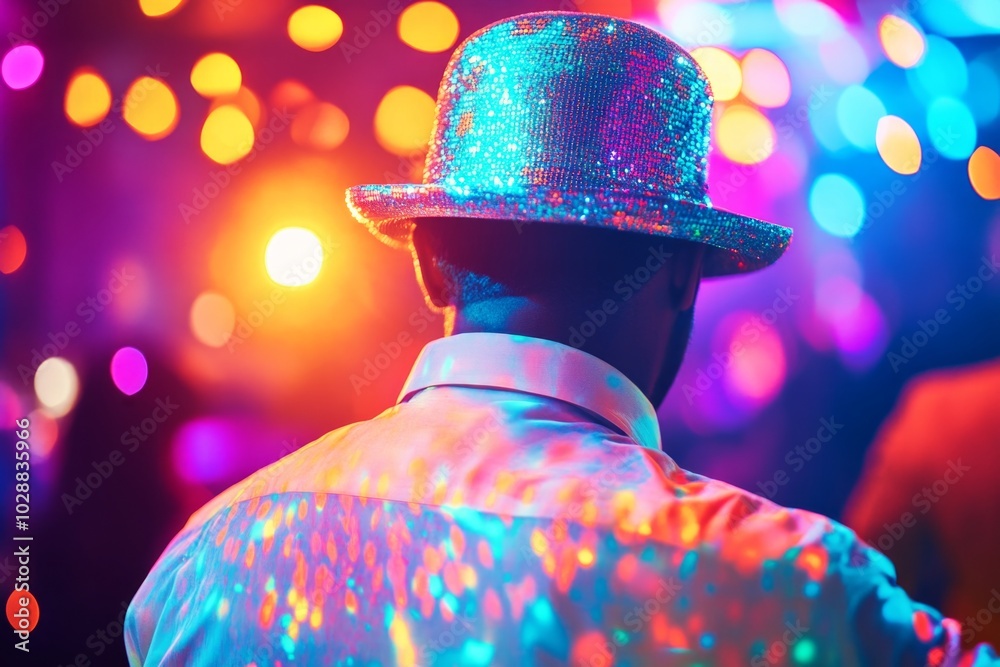 Wall mural vibrant nightlife: man in glittering hat amidst colorful club lights