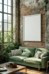 Cozy green sofa in a sunlit urban apartment with large windows and a blank canvas on the wall