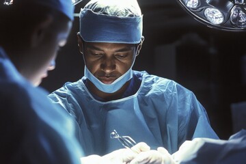 Surgeons performing complex operation in a modern operating room