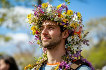 Obraz premium Man wearing colorful floral crown in sunny outdoor setting