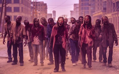 a photo of A horde of decaying zombies stumbling through a deserted city, their eyes glowing red and their limbs contorted. 