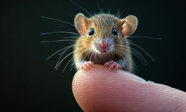 A tiny brown mouse with large ears and whiskers perched on a human finger.