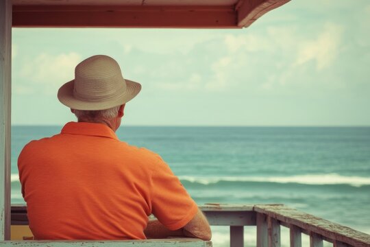 Senior man in orange shirt relaxing on coastal balcony overlooking serene ocean view