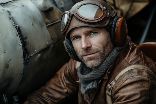 Vintage aviator portrait of an experienced pilot in leather jacket and goggles