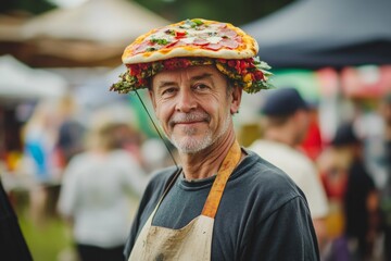 Man wearing pizza hat at outdoor market festival