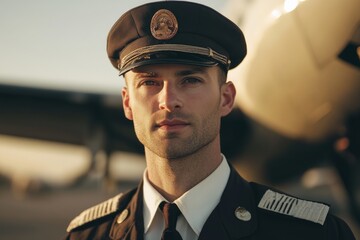 Confident pilot in uniform standing by aircraft at sunset