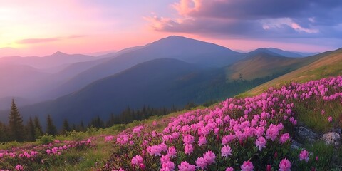 Obraz premium Pink rhododendron flowers in the Carpathian mountains