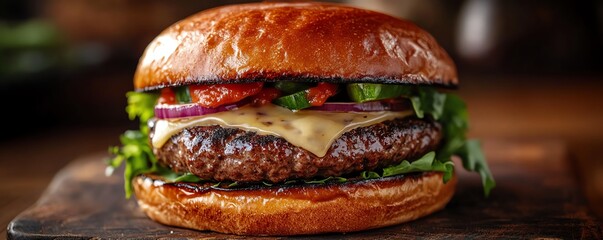 Closeup of a gourmet burger with a juicy patty, luscious melted cheese, fresh vegetables, and a handcrafted bun, all in warm, appetizing lighting