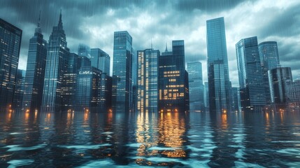 Fototapeta premium Flooded Cityscape under Rainy Sky.