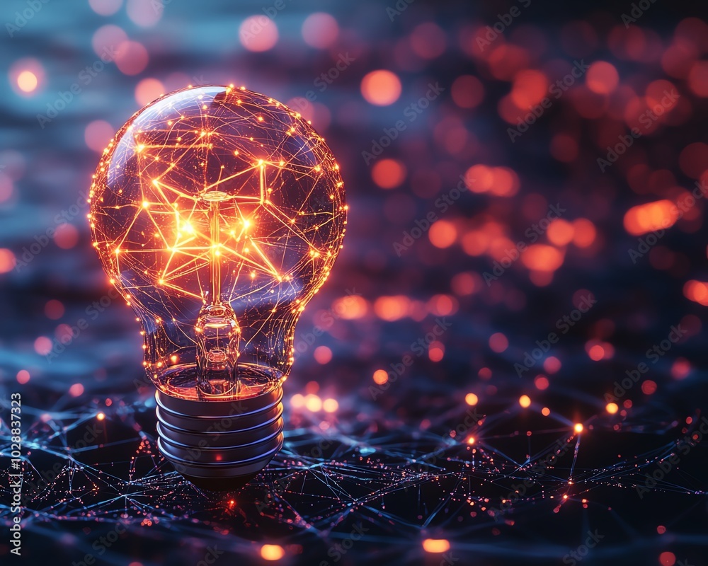Poster digital illustration of a glowing 3d light bulb, warm inviting light as a symbol of innovation and i