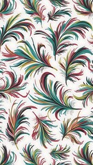 Colorful feathers with abstract lines on white background. Seamless background pattern. Fabric wallpaper print texture.