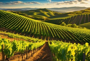 Fototapeta premium stunning vineyard landscape featuring lush green grape vines neatly aligned under clear blue sky rolling hills background, grapevine, field, nature