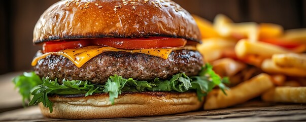 Gourmet burger closeup featuring a mouthwatering juicy patty, melted cheese, and fresh vegetables, beautifully presented in warm, inviting lighting