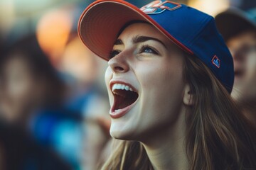 Excited young woman in baseball cap at outdoor event