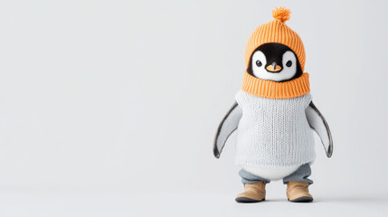 Penguin in a cozy sweater and hat, white isolate background