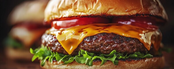 Gourmet burger closeup featuring a mouthwatering juicy patty, melted cheese, and fresh vegetables, beautifully presented in warm, inviting lighting
