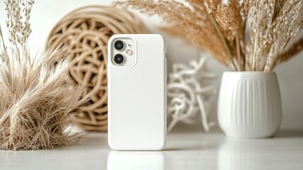A stylish white phone case displayed among decorative elements, showcasing a minimalist aesthetic in a modern setting.