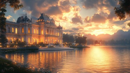 Obraz premium Ultra Realistic Lighting at Sunset Over a Scenic Lake