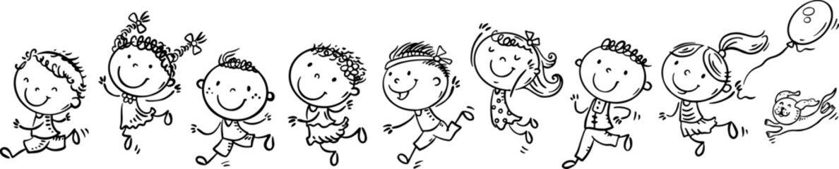 Cartoon happy kids running together. Black and white illustration of cute children jumping with joy, isolated characters