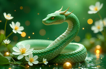 Fototapeta premium Serene Serpent Amidst white Blossoms and Golden Orbs in green Atmosphere