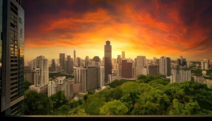 Stunning city skyline at sunset with vibrant colors and lush greenery.