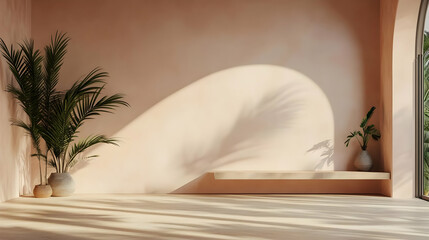 Minimalist interior with soft lighting and greenery accents.