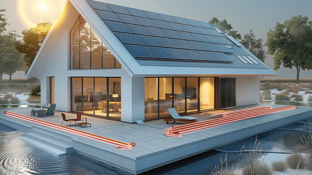 A crossing view house equipped with a solar energy system. The solar panels are installed on the roof, capturing sunlight to generate energy. This energy powers an inside house underfloor and wall.