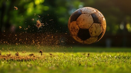 Fototapeta premium Soccer Ball in Mid Air After Being Kicked with Force