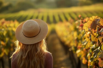 Fototapeta premium Woman in straw hat enjoying a serene vineyard at sunset