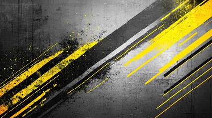 An abstract grey grunge corporate header banner featuring yellow tech stripes creates a geometric background suitable for posters and website designs.