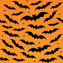 Halloween bat seamless pattern, festive print with flying black bats silhouette on orange background for wrapping paper, fabric, holiday decoration, textile, wallpapers, backgrounds