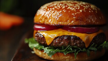 Succulent gourmet burger closeup with juicy patty, melted cheese, fresh crisp vegetables, and a gourmet bun, enhanced by warm lighting for a delicious look
