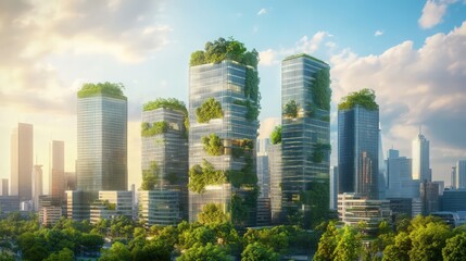 Obraz premium A futuristic cityscape with eco-friendly office towers designed to cut heat and foster green environments, reflecting sustainable urban living