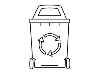 Hand drawn cute outline illustration of big garbage can with wheel. Flat vector trash bin, environmental pollution design in line art doodle style. Ecology sticker, icon. Rubbish disposal. Isolated.