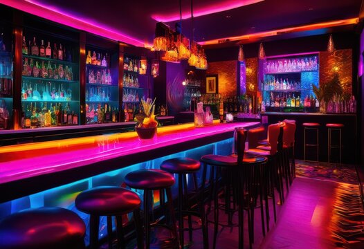 dynamic bar scene displaying vibrant lively colorful playful atmosphere engaging ambiance, cocktail, drinks, alcohol, nightlife, celebration, club, design