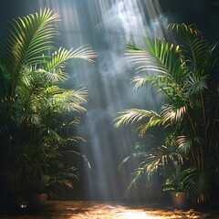 Naklejka premium Backdrop of green tropical plant arrangement in dark room with light peeking through the shades illuminating the scene. atmospheric.