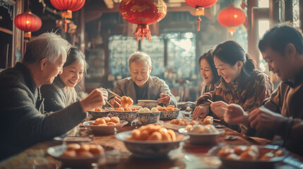Dongzhi Festival with family gathering at the dining table, eating colorful tangyuan in porcelain bowls, traditional Chinese kitchen background, Ai generated images