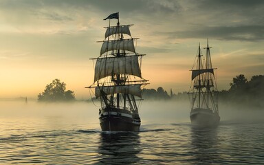 Obraz premium a photo of Ghost ship sailing through fog, spectral crew 