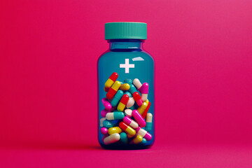 Colorful Medicine Bottle with Pills and Tablets in Modern Minimalist Healthcare Illustration