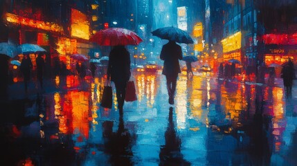 City dwellers walk under umbrellas in the rain, with colorful reflections from storefronts and streetlights lighting up the wet pavement, evoking a vibrant nighttime urban atmosphere.