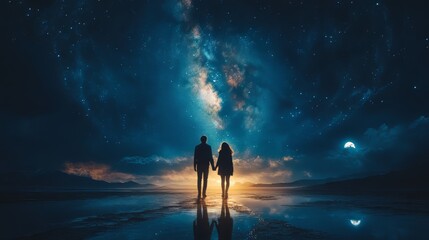 A couple stands by a lake, holding hands under a starry sky with the Milky Way and full moon reflected on the water, evoking a peaceful and romantic atmosphere.