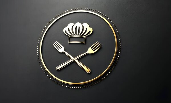 A golden chef's hat, fork and knife inside a circle on a black background.